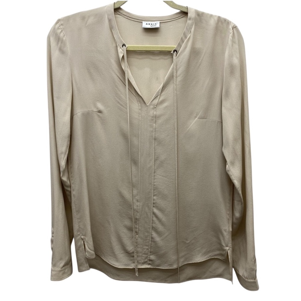 Akris Punto‎ Blouse Womens 4 Beige Silk Long Sleeve Pullover V Neck Shirt Top